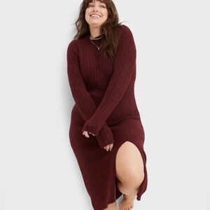 Aerie Ribbed Knit Mock Neck  Sweater Dress - Deep Burgundy